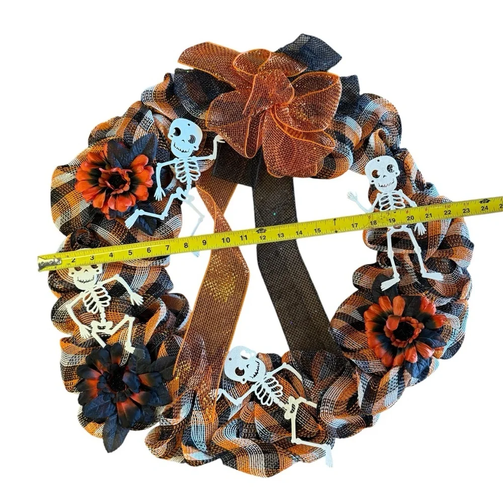 Halloween Mesh Wreath with Plaid Ribbon, Flowers & Cute Skeletons – 23″